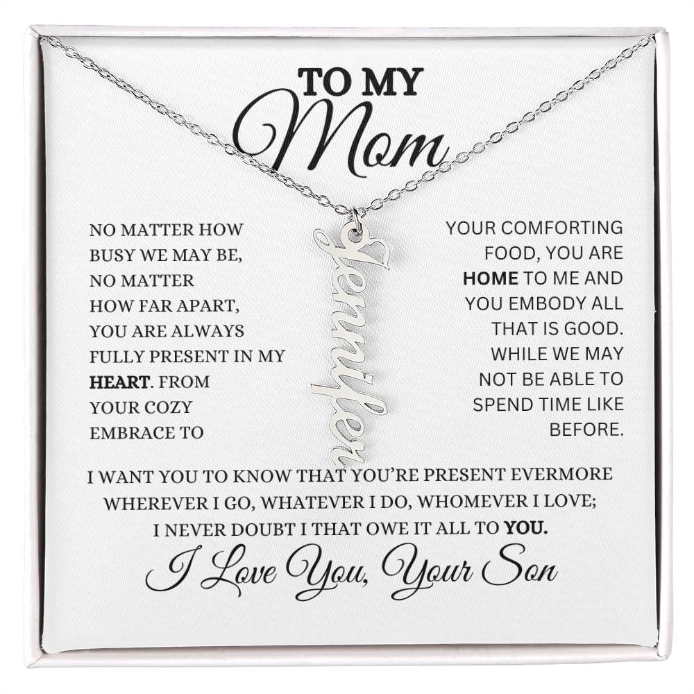 To My Mom | Personalized Vertical Name Necklace | Heartfelt Message From Son