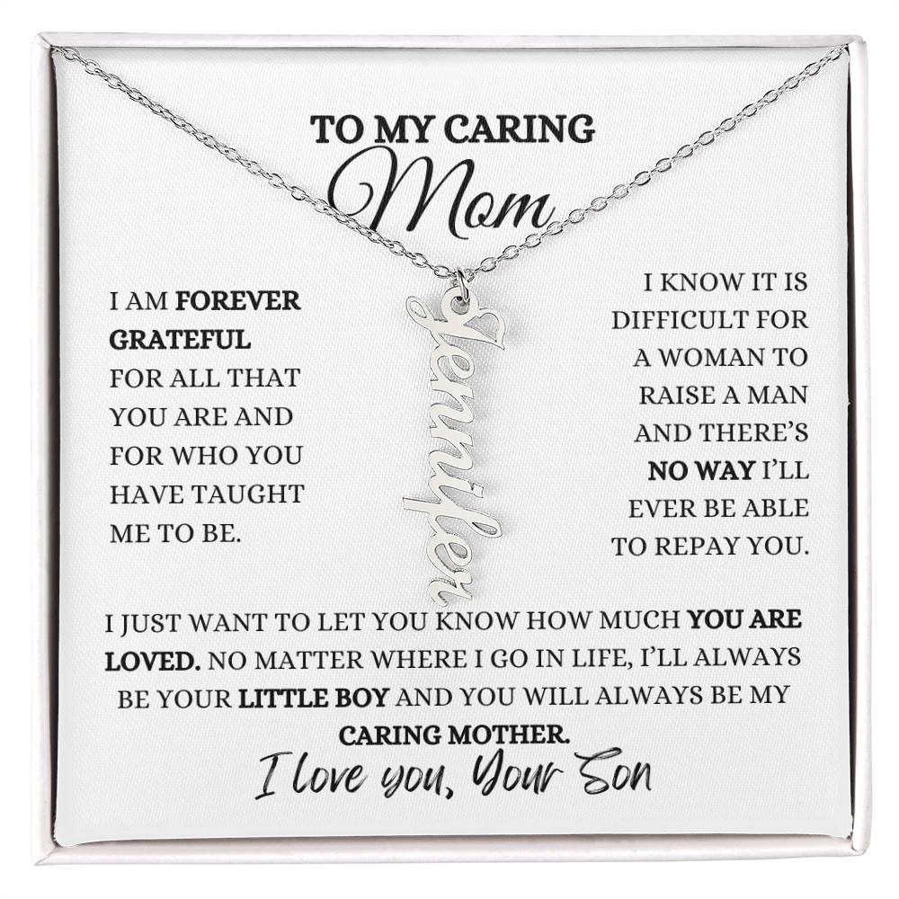 TO MY MOM | PERSONALIZED VERTICAL NAME NECKLACE | HEARTFELT MESSAGE FROM SON