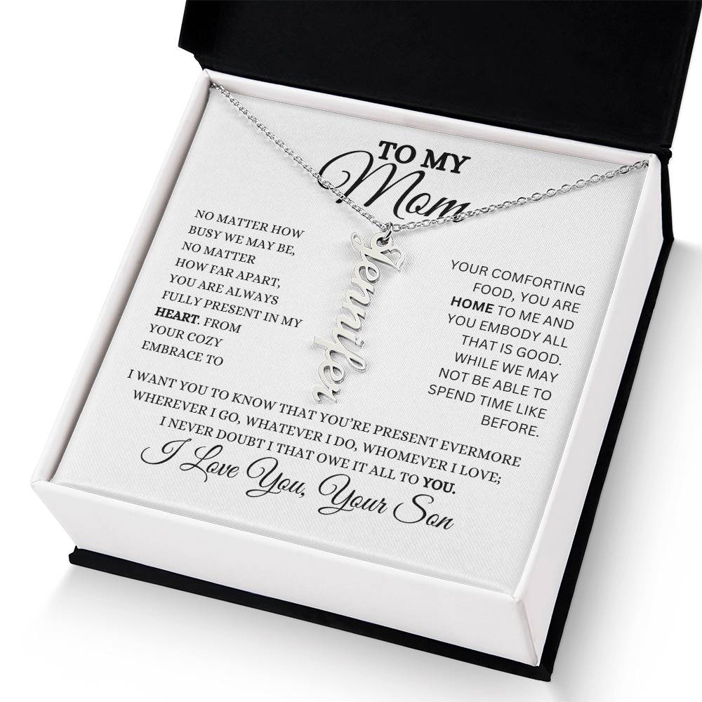 To My Mom | Personalized Vertical Name Necklace | Heartfelt Message From Son