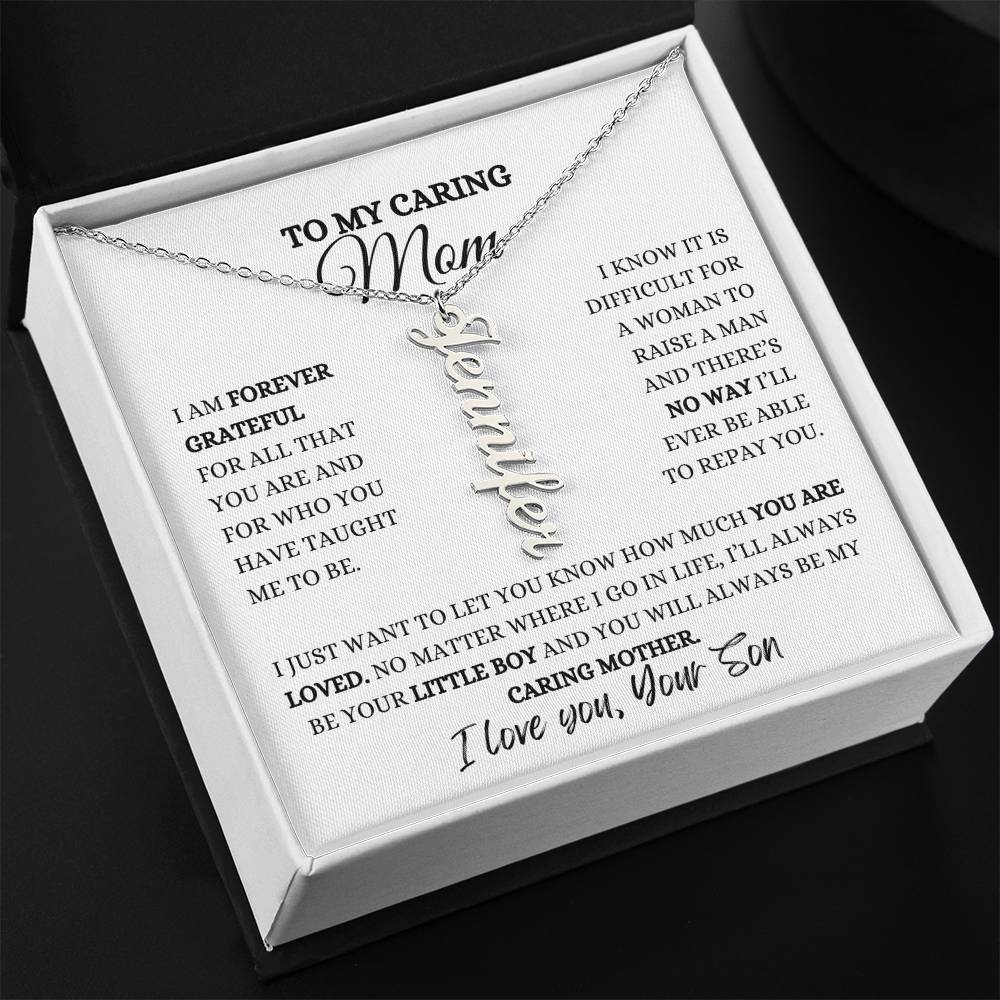 TO MY MOM | PERSONALIZED VERTICAL NAME NECKLACE | HEARTFELT MESSAGE FROM SON