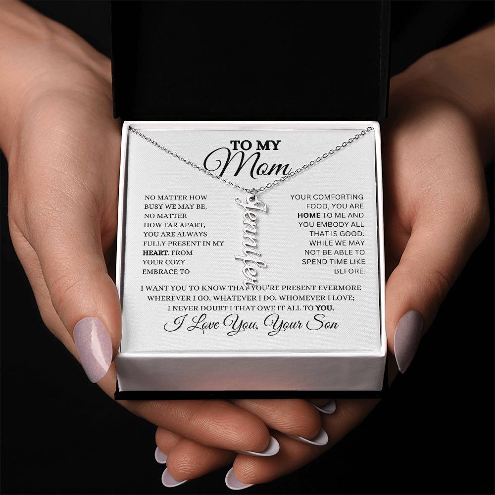 To My Mom | Personalized Vertical Name Necklace | Heartfelt Message From Son