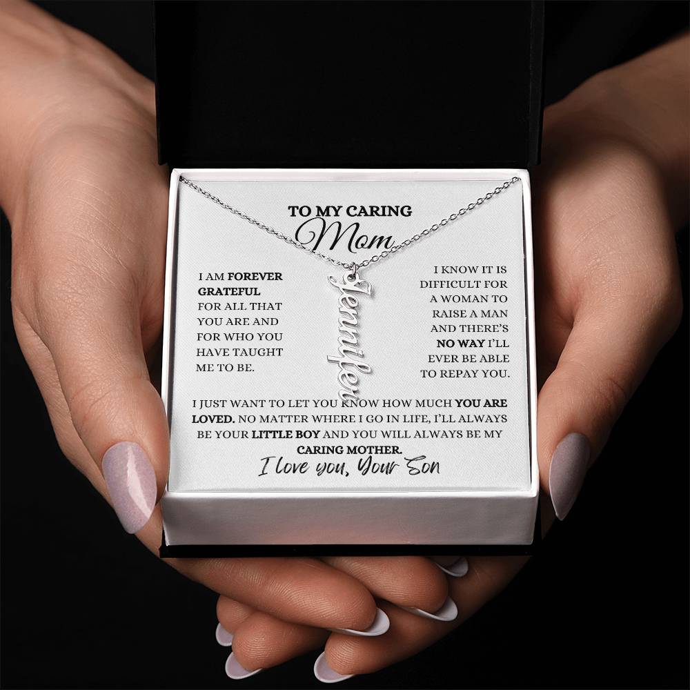 TO MY MOM | PERSONALIZED VERTICAL NAME NECKLACE | HEARTFELT MESSAGE FROM SON