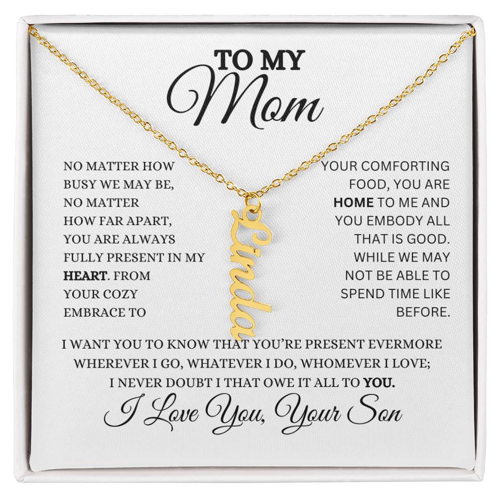 To My Mom | Personalized Vertical Name Necklace | Heartfelt Message From Son