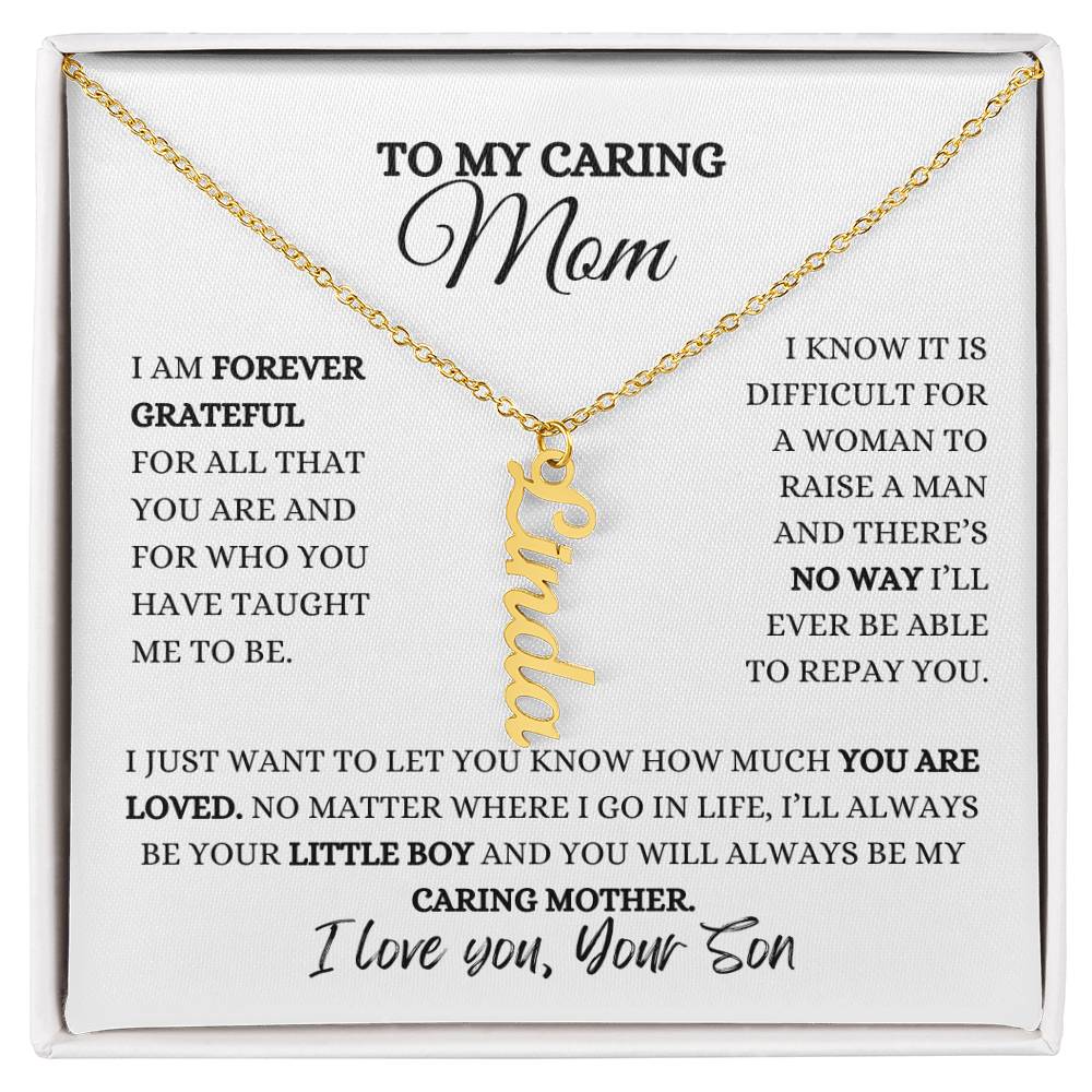 TO MY MOM | PERSONALIZED VERTICAL NAME NECKLACE | HEARTFELT MESSAGE FROM SON