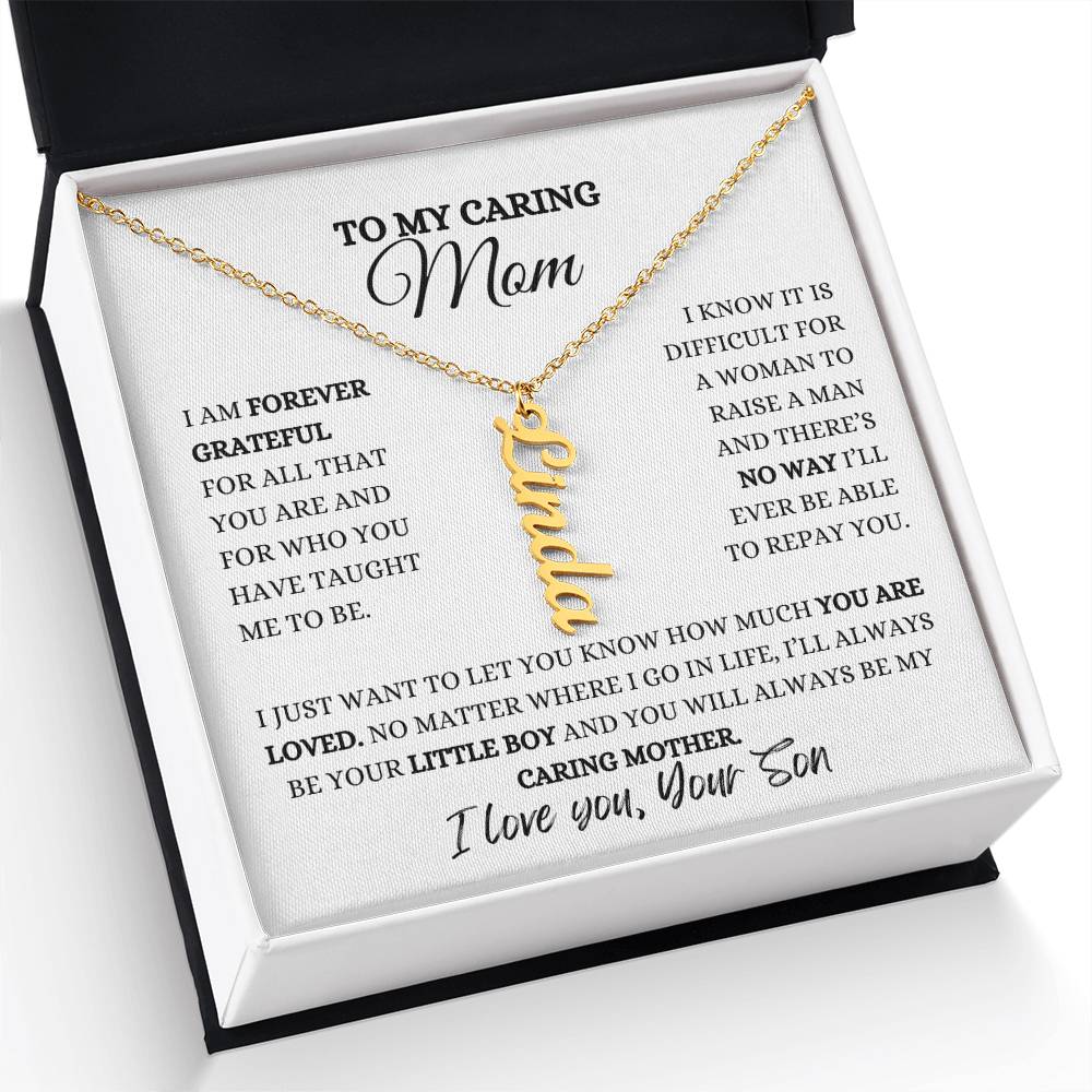 TO MY MOM | PERSONALIZED VERTICAL NAME NECKLACE | HEARTFELT MESSAGE FROM SON