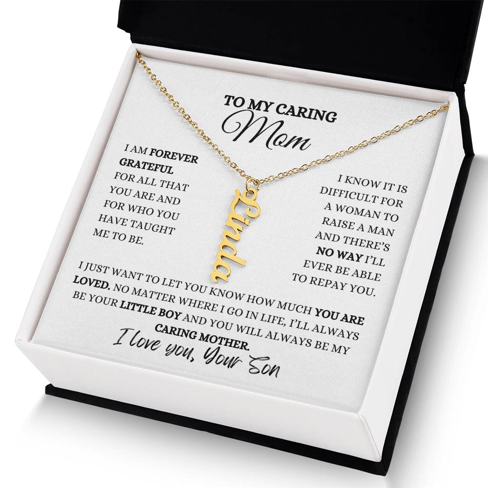 TO MY MOM | PERSONALIZED VERTICAL NAME NECKLACE | HEARTFELT MESSAGE FROM SON