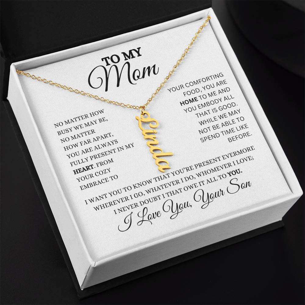 To My Mom | Personalized Vertical Name Necklace | Heartfelt Message From Son