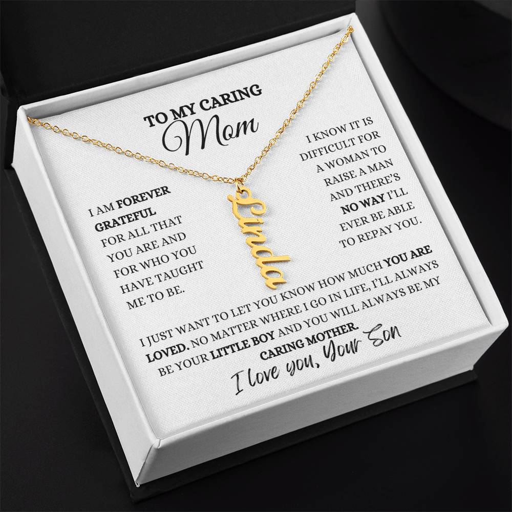 TO MY MOM | PERSONALIZED VERTICAL NAME NECKLACE | HEARTFELT MESSAGE FROM SON