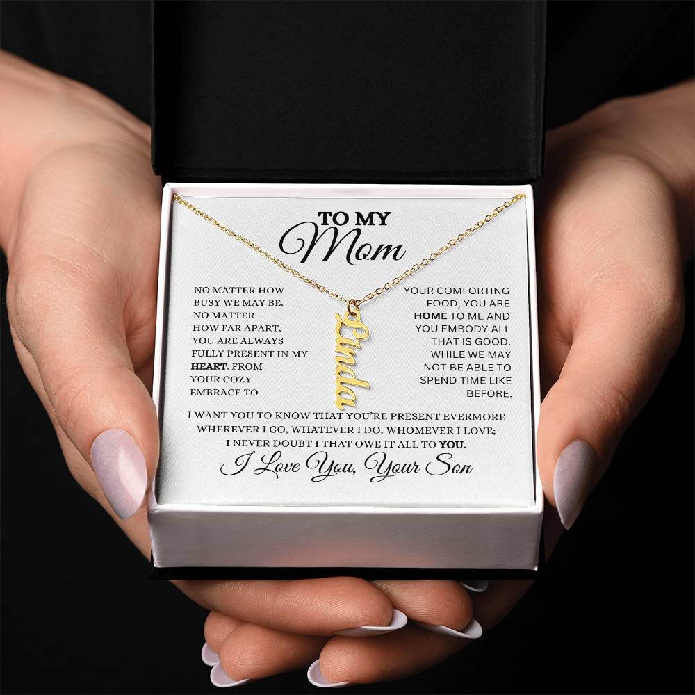 To My Mom | Personalized Vertical Name Necklace | Heartfelt Message From Son