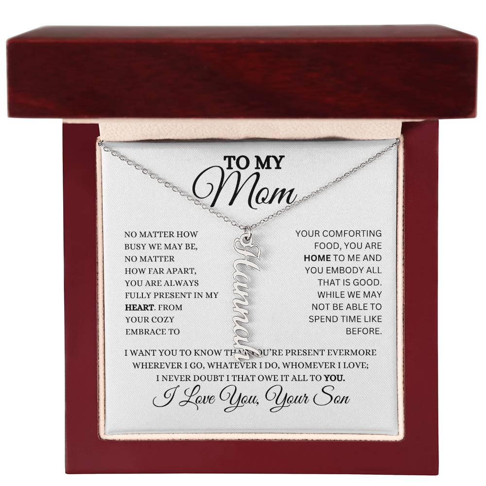 To My Mom | Personalized Vertical Name Necklace | Heartfelt Message From Son