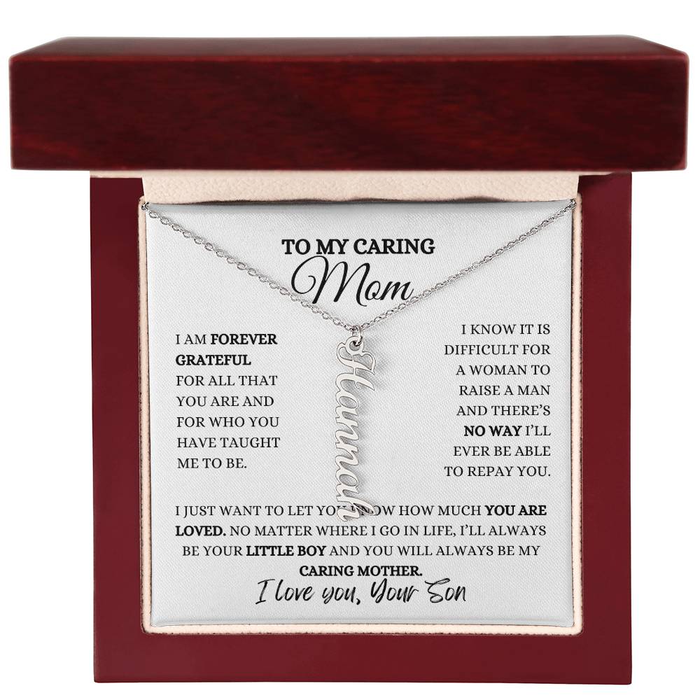 TO MY MOM | PERSONALIZED VERTICAL NAME NECKLACE | HEARTFELT MESSAGE FROM SON