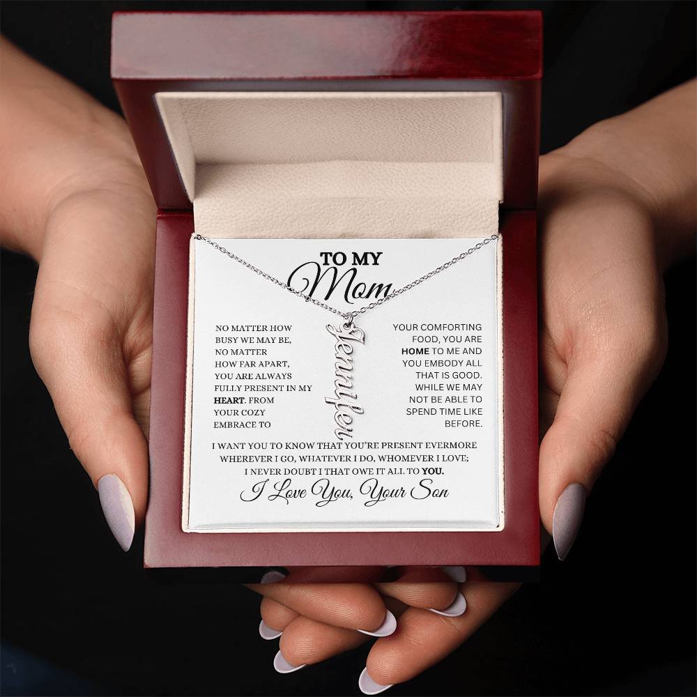 To My Mom | Personalized Vertical Name Necklace | Heartfelt Message From Son