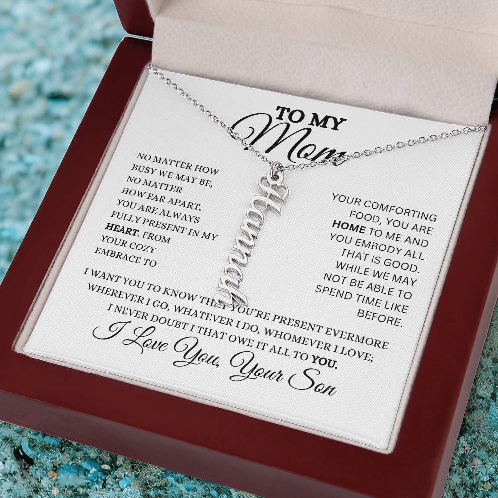 To My Mom | Personalized Vertical Name Necklace | Heartfelt Message From Son