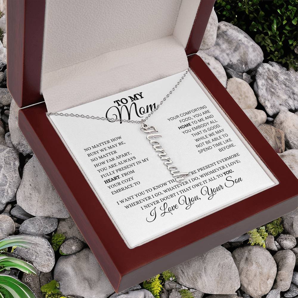 To My Mom | Personalized Vertical Name Necklace | Heartfelt Message From Son