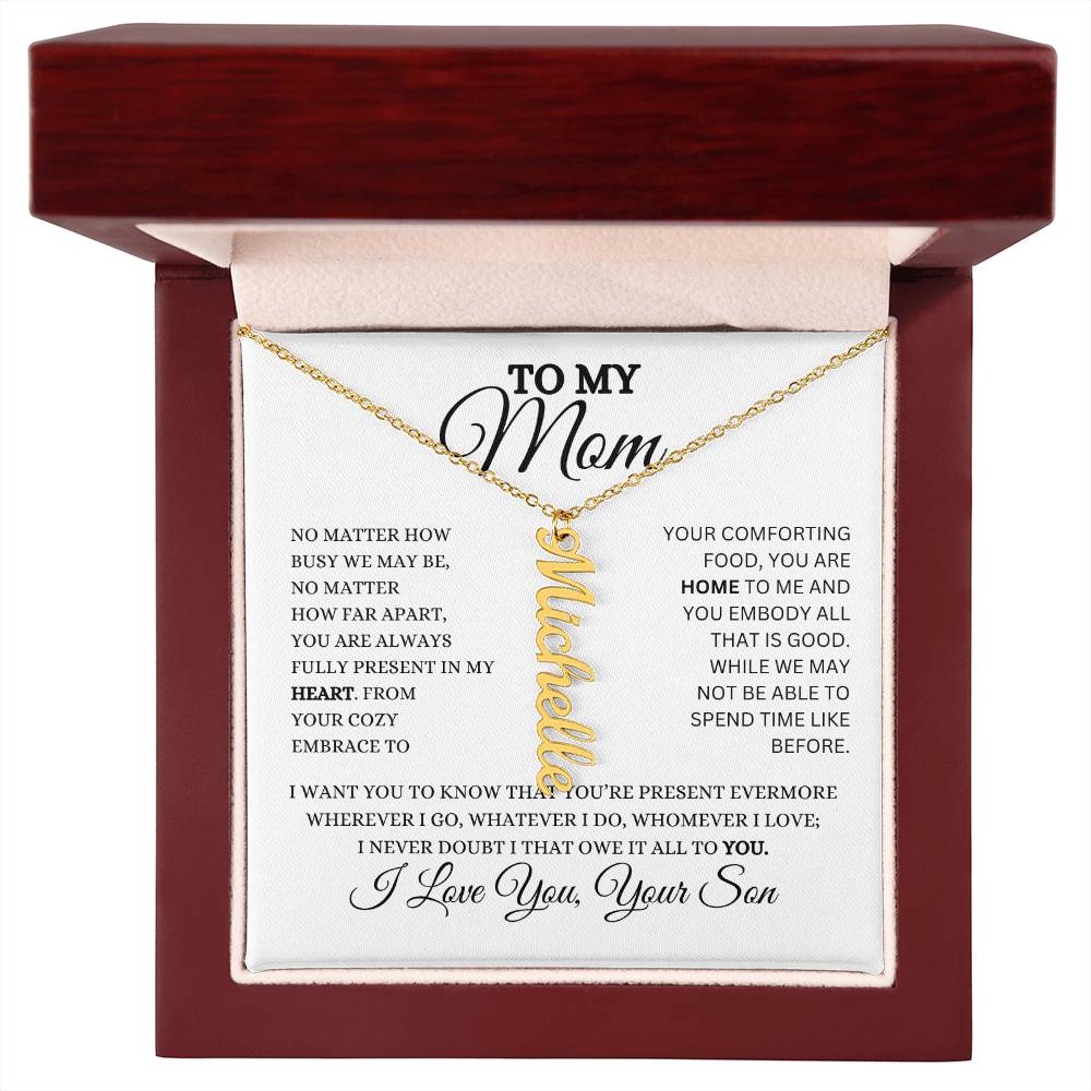 To My Mom | Personalized Vertical Name Necklace | Heartfelt Message From Son