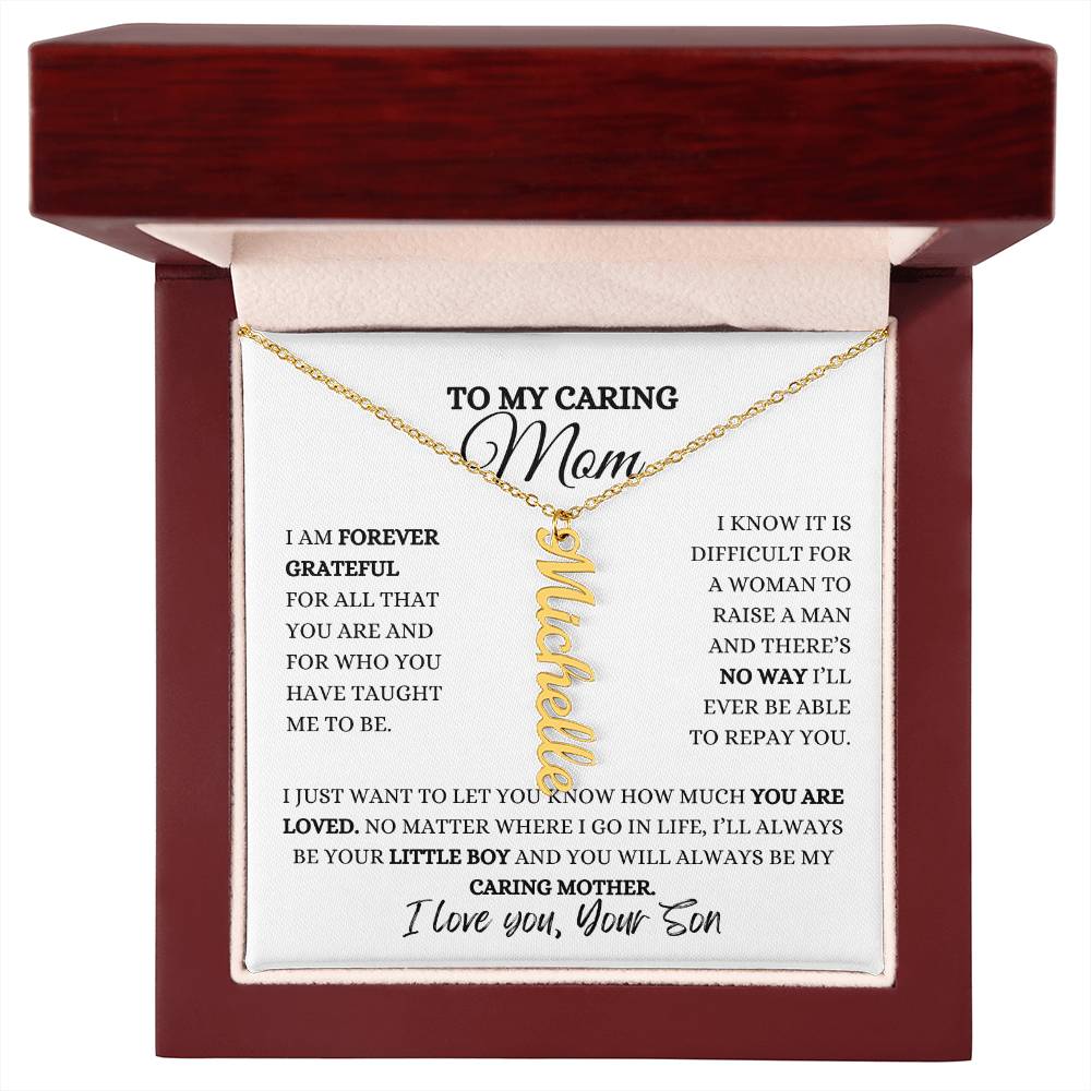 TO MY MOM | PERSONALIZED VERTICAL NAME NECKLACE | HEARTFELT MESSAGE FROM SON