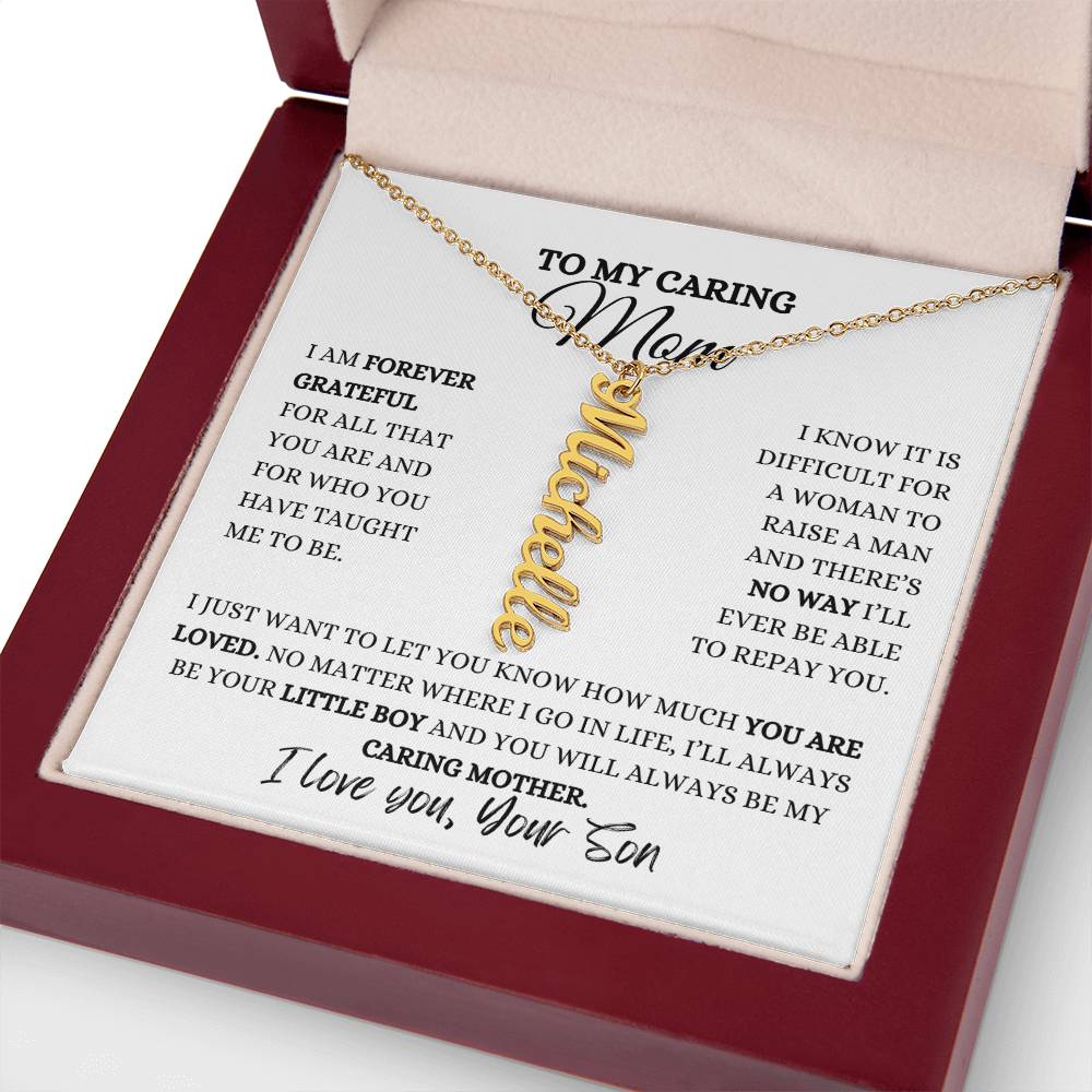 TO MY MOM | PERSONALIZED VERTICAL NAME NECKLACE | HEARTFELT MESSAGE FROM SON