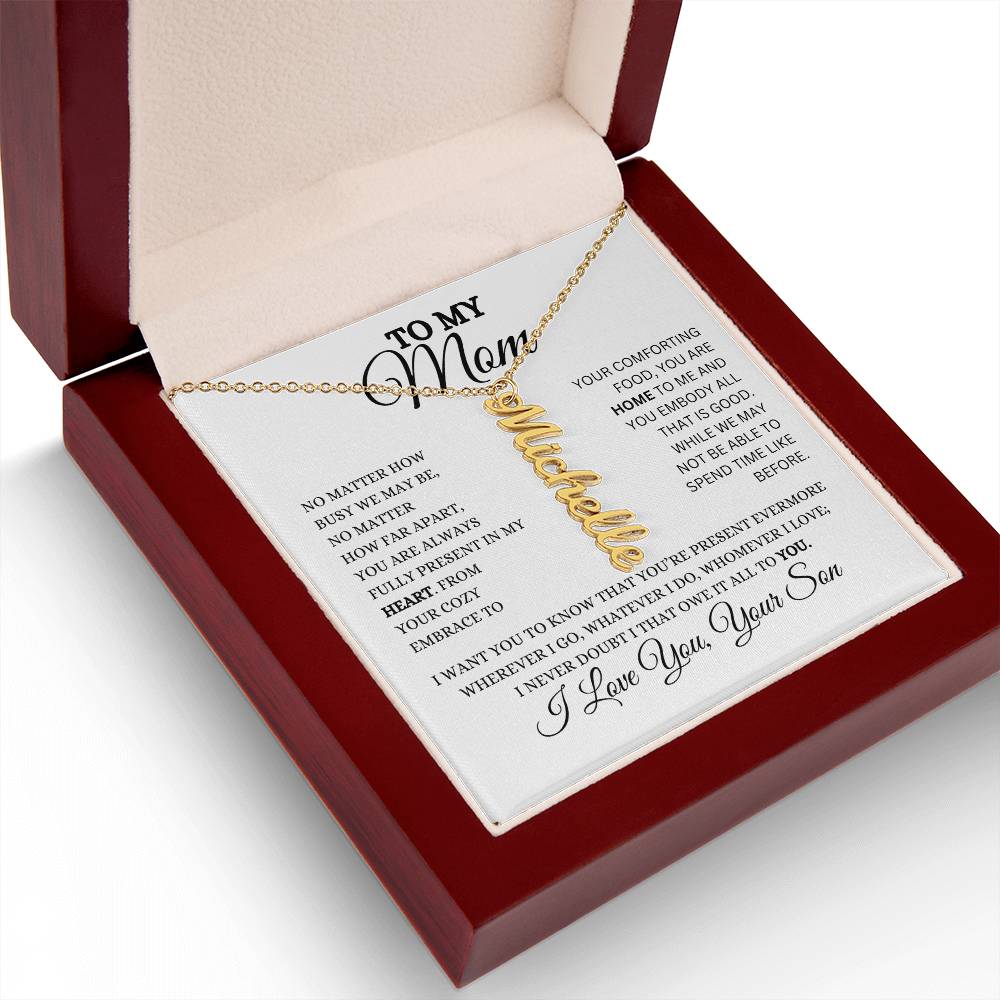 To My Mom | Personalized Vertical Name Necklace | Heartfelt Message From Son