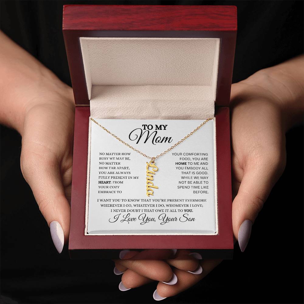 To My Mom | Personalized Vertical Name Necklace | Heartfelt Message From Son