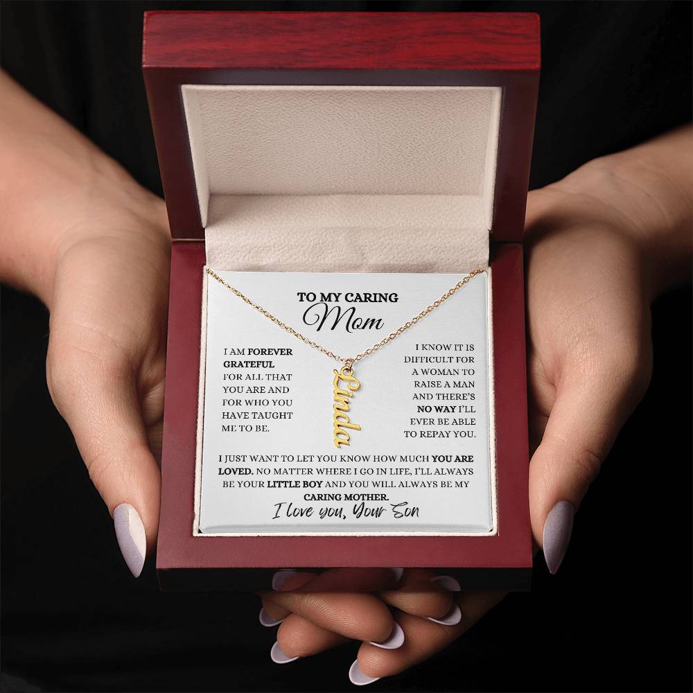 TO MY MOM | PERSONALIZED VERTICAL NAME NECKLACE | HEARTFELT MESSAGE FROM SON