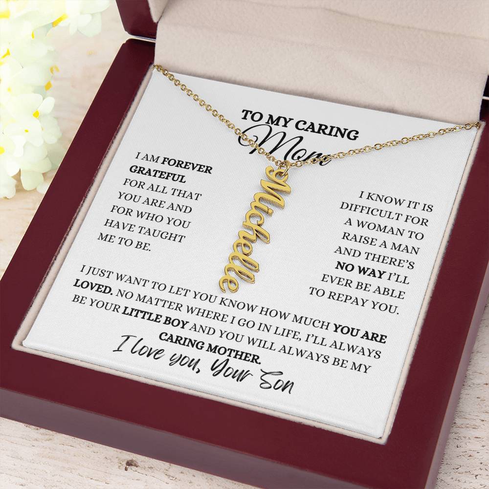 TO MY MOM | PERSONALIZED VERTICAL NAME NECKLACE | HEARTFELT MESSAGE FROM SON