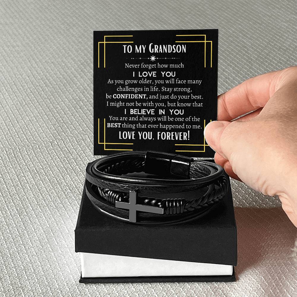 To My Grandson | Men's Cross Leather Bracelet | Heartfelt Message