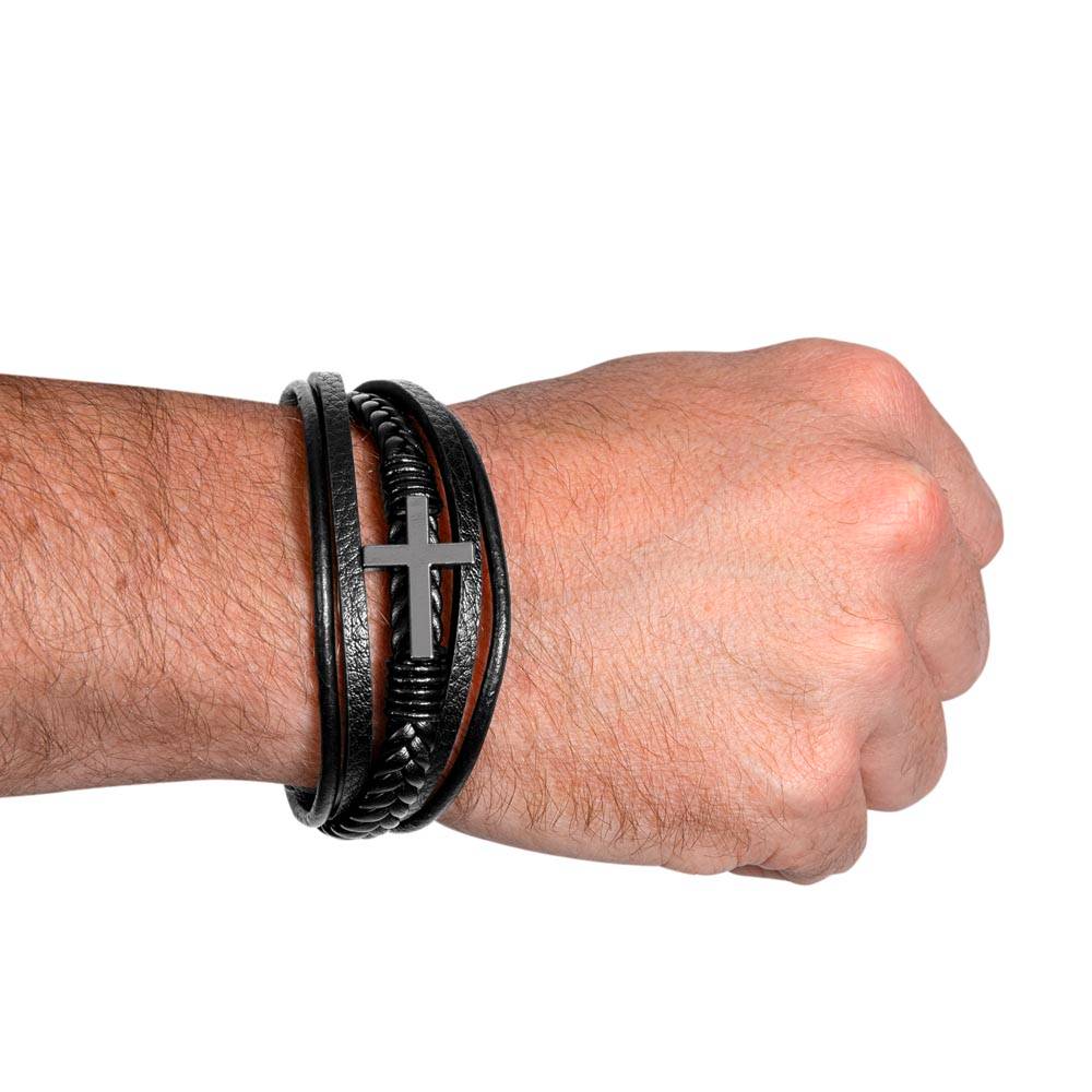 To My Grandson | Men's Cross Leather Bracelet | Heartfelt Message