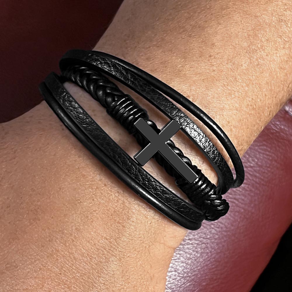 To My Grandson | Men's Cross Leather Bracelet | Heartfelt Message