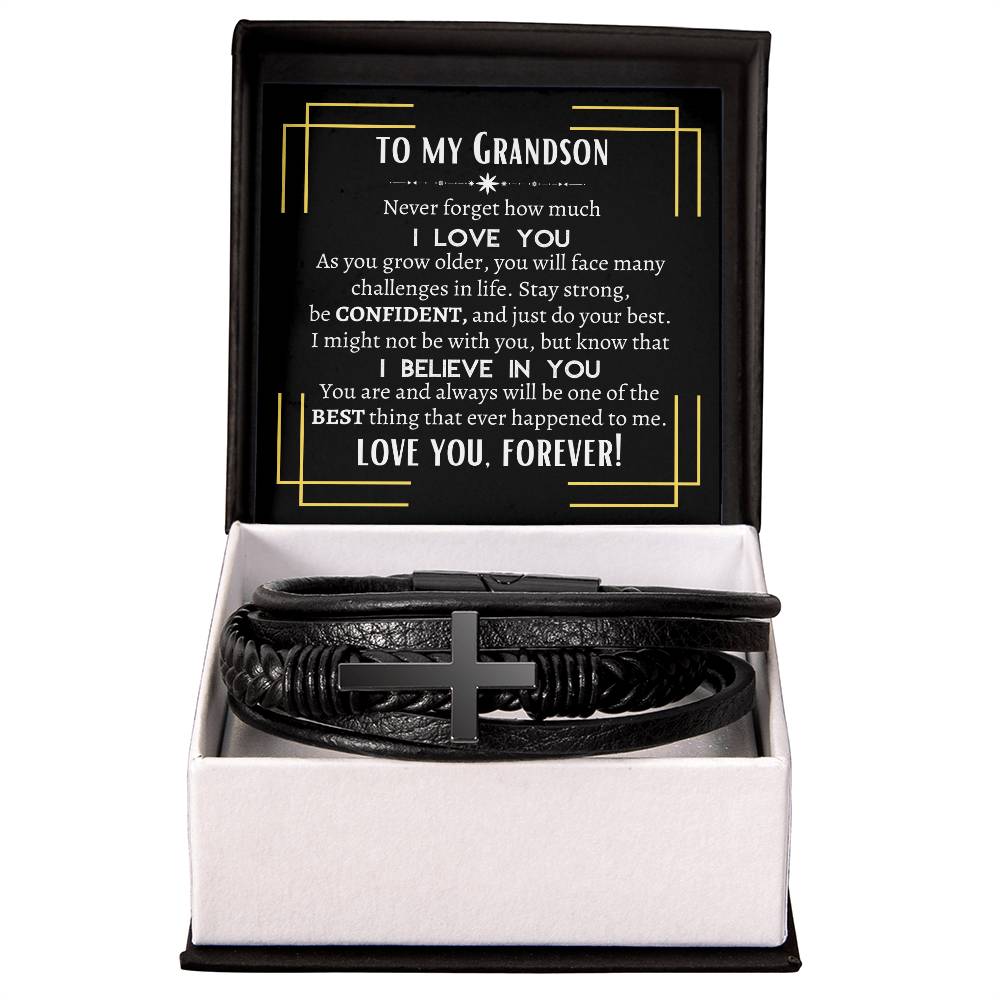 To My Grandson | Men's Cross Leather Bracelet | Heartfelt Message