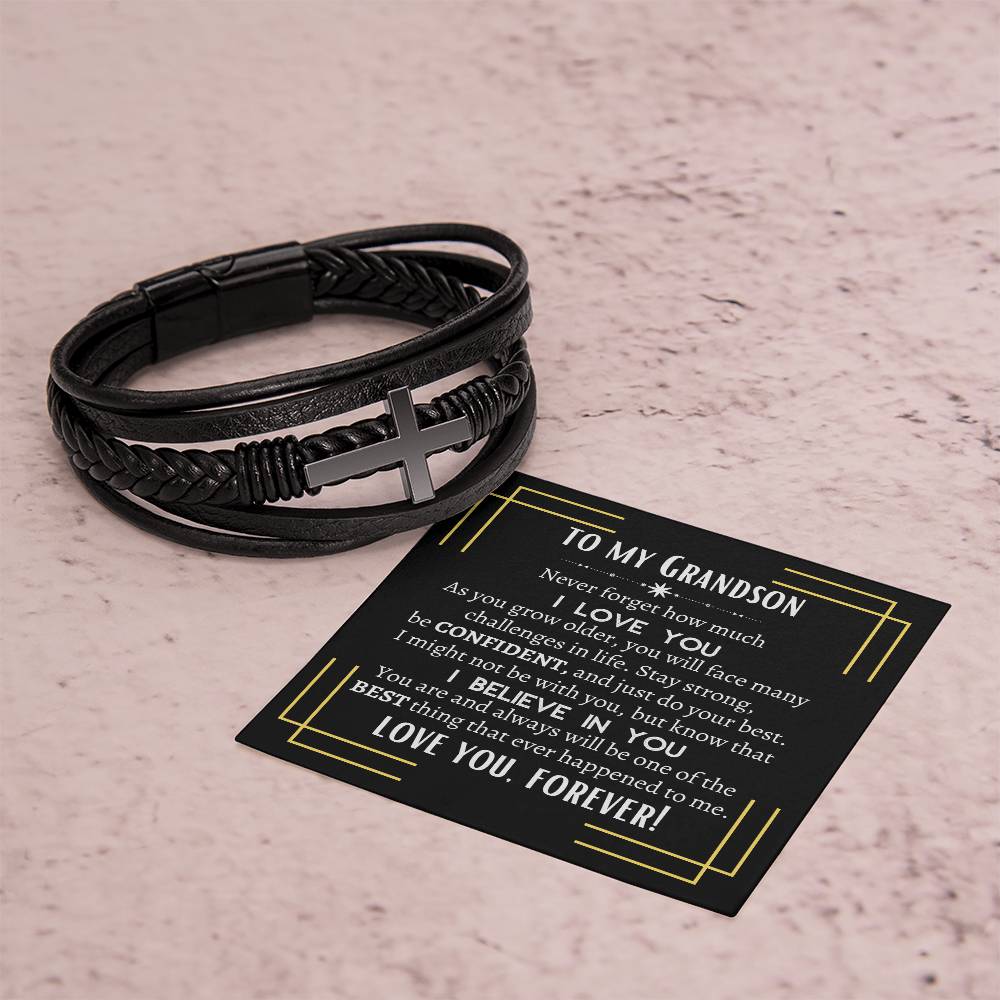 To My Grandson | Men's Cross Leather Bracelet | Heartfelt Message