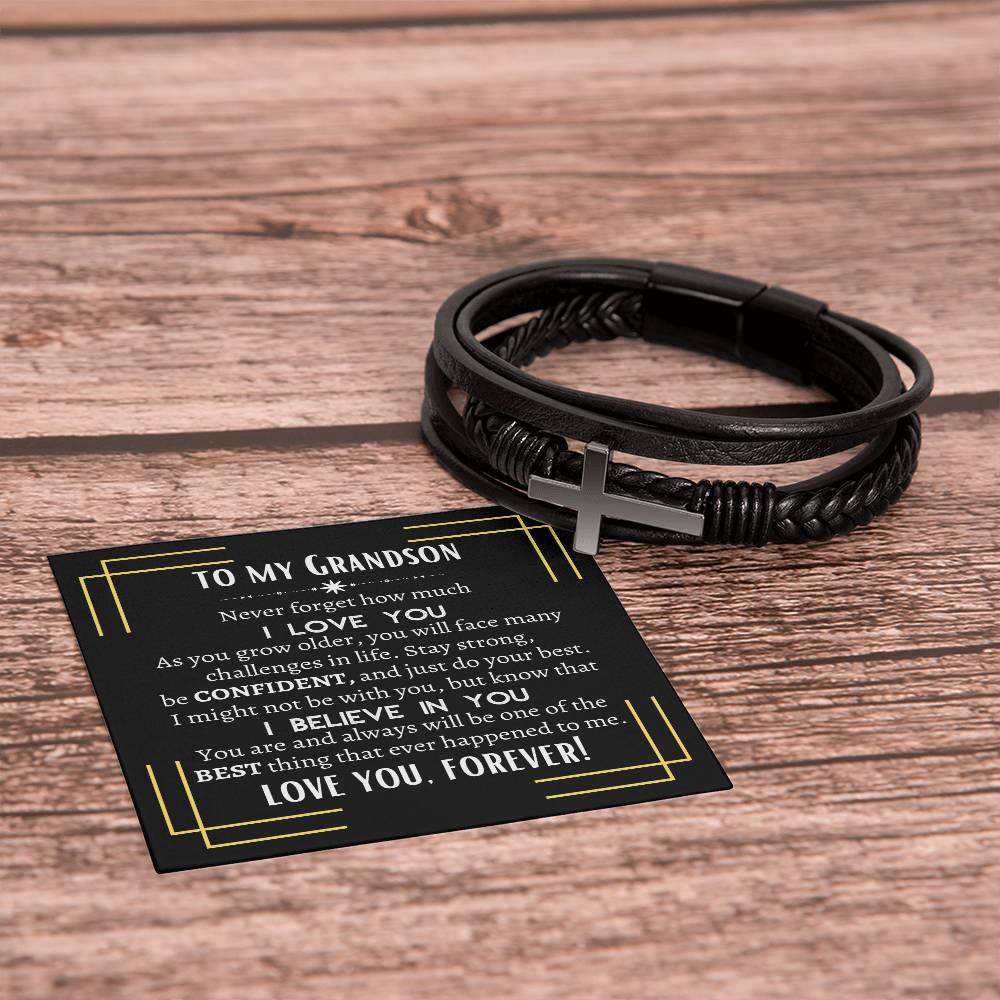 To My Grandson | Men's Cross Leather Bracelet | Heartfelt Message