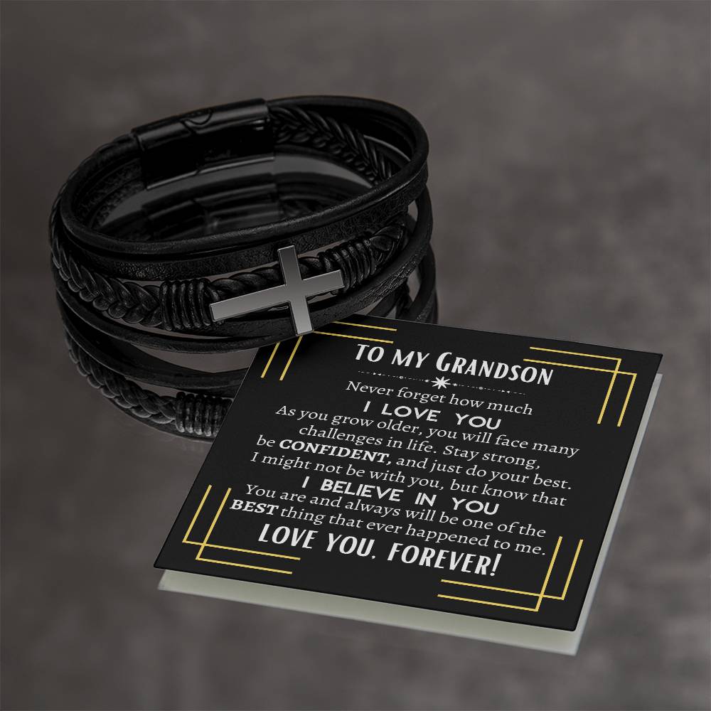 To My Grandson | Men's Cross Leather Bracelet | Heartfelt Message