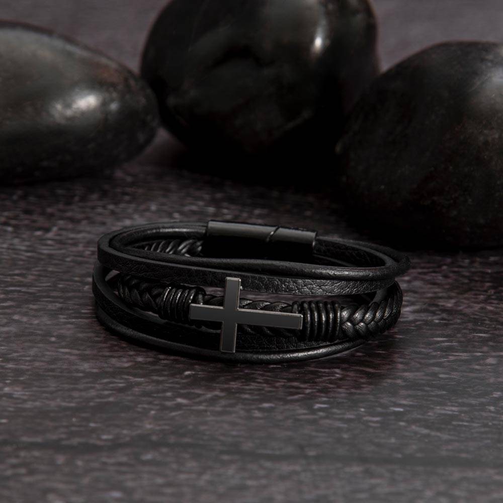 To My Grandson | Men's Cross Leather Bracelet | Heartfelt Message