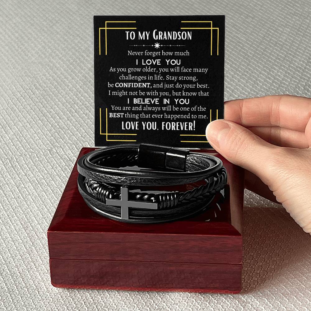 To My Grandson | Men's Cross Leather Bracelet | Heartfelt Message