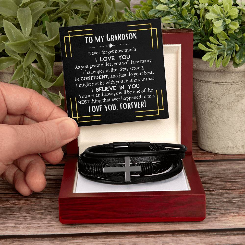 To My Grandson | Men's Cross Leather Bracelet | Heartfelt Message