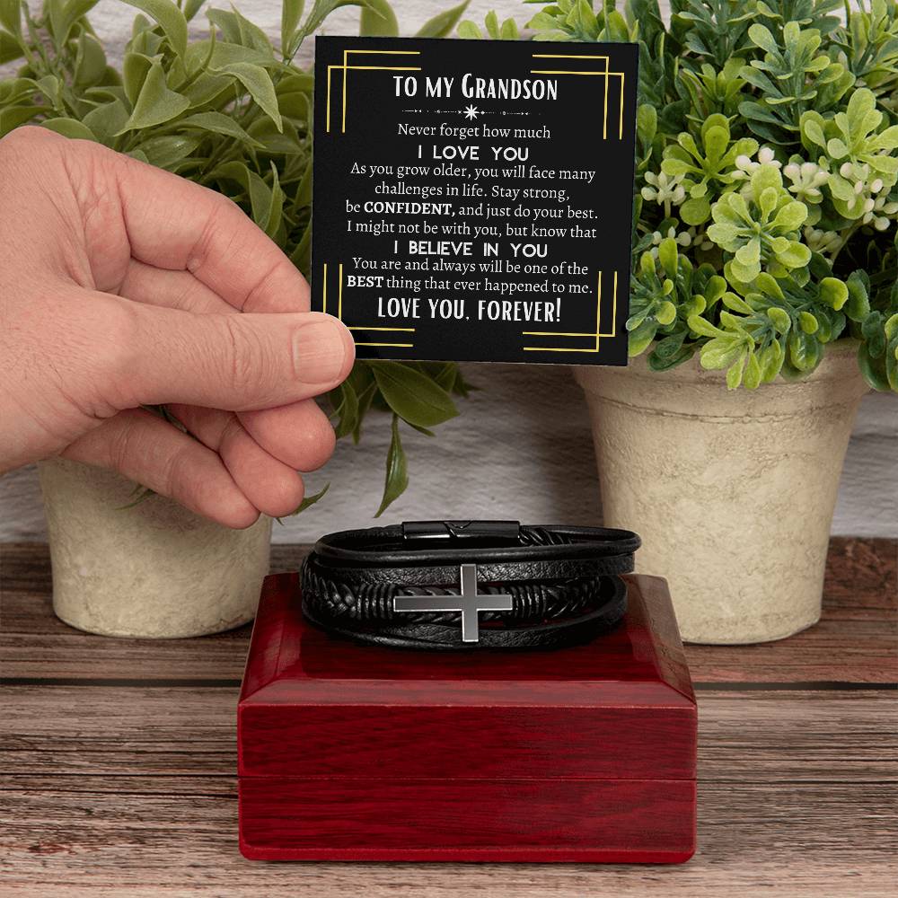 To My Grandson | Men's Cross Leather Bracelet | Heartfelt Message